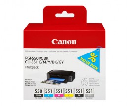 6 Cartouches Originales, Canon PGI-550 / CLI-551 Noir 15ml + Couleur 7ml