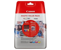 4 Cartouches Originales, Canon CLI-551 XL Noir 11ml + Couleur 11ml + Papier Photo