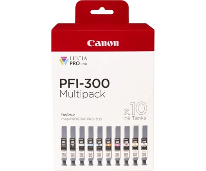 10 Cartouches Originales, Canon PFI-300 Noir 14.4ml + Couleur 14.4ml