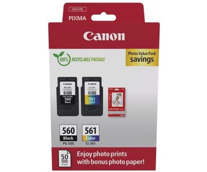 2 Cartouches Originales, Canon PG-560 / CL-561 Noir 7.5ml + Couleur 8.3ml + 50 Feuilles 10x15cm
