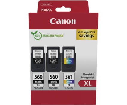 3 Cartouches Originales, 2 Canon PG-560 XL Noir 14.3ml + CL-561 XL Couleur 12.2ml
