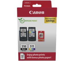 2 Cartouches Originales, Canon PG-510 / CL-511 Noir 9ml + Couleur 9ml + Papier Photo