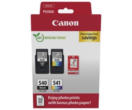 2 Cartouches Originales, Canon PG-540 / CL-541 Noir 8ml + Couleur 8ml + 50 Feuilles 10x15cm