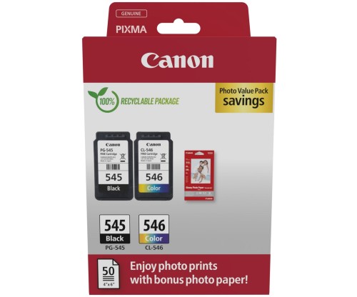 2 Cartouches Originales, Canon PG-545 / CL-546 Noir 8ml + Couleur 8ml + 50 Feuilles 10x15cm