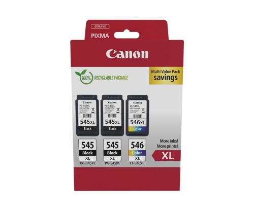 3 Cartouches Originales, 2 Canon PG-545 XL Noir 15ml + 1 CL-546 XL Couleur 13ml