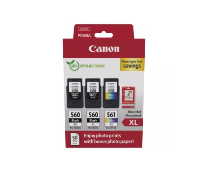 3 Cartouches Originales, 2 Canon PG-560 XL Noir 14.3ml + CL-561 XL Couleur 12.2ml + 50 Feuilles 10x15cm