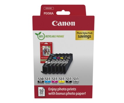 6 Cartouches Originales, Canon PGI-530 / CLI-531 Noir 18.5ml + Couleur 8.2ml